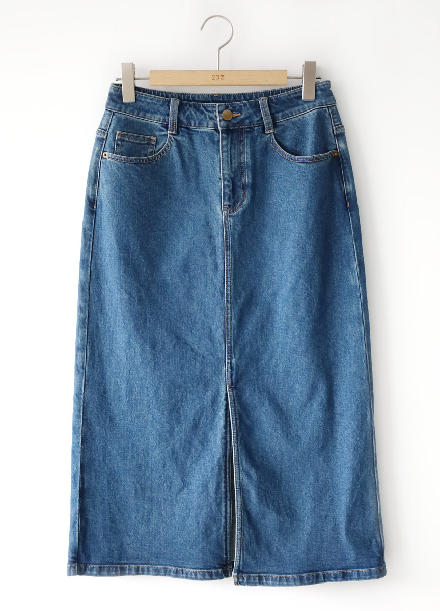 牛仔A字後開岔長裙